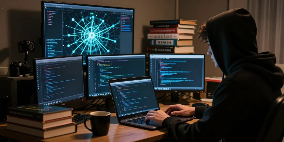 Individual exploring the hidden wiki dark web on a laptop in a dimly lit room filled with screens and technical books.