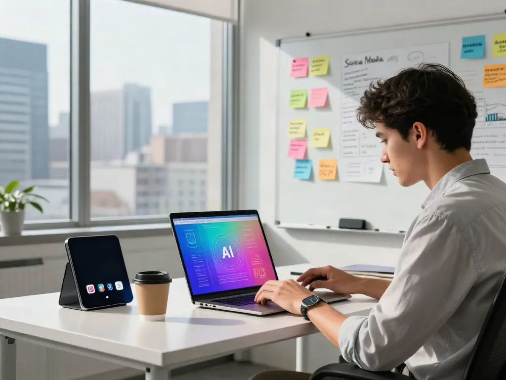 Generate social media hooks with AI in a vibrant office scene featuring a professional brainstorming social media strategies.