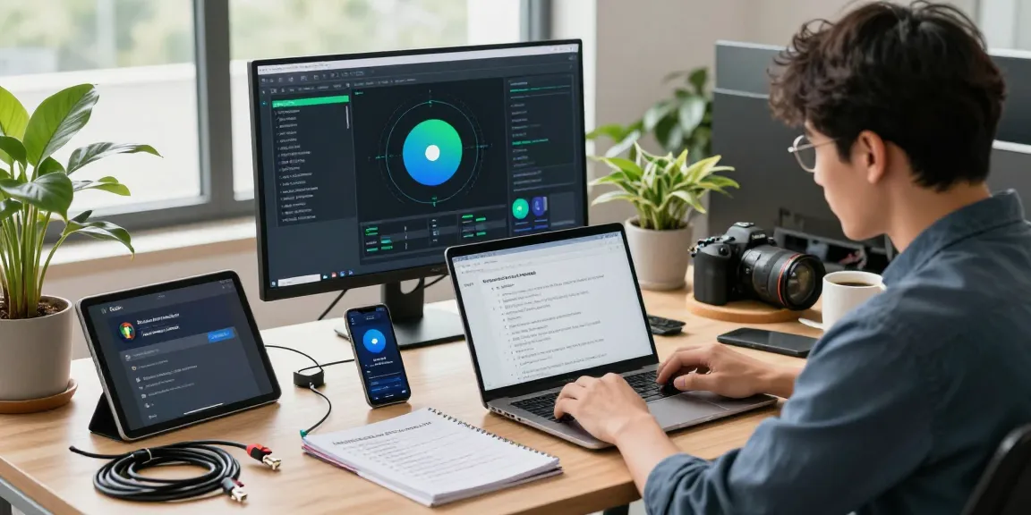 Fixing telegram china connection issue with modern tech setup in bright office.