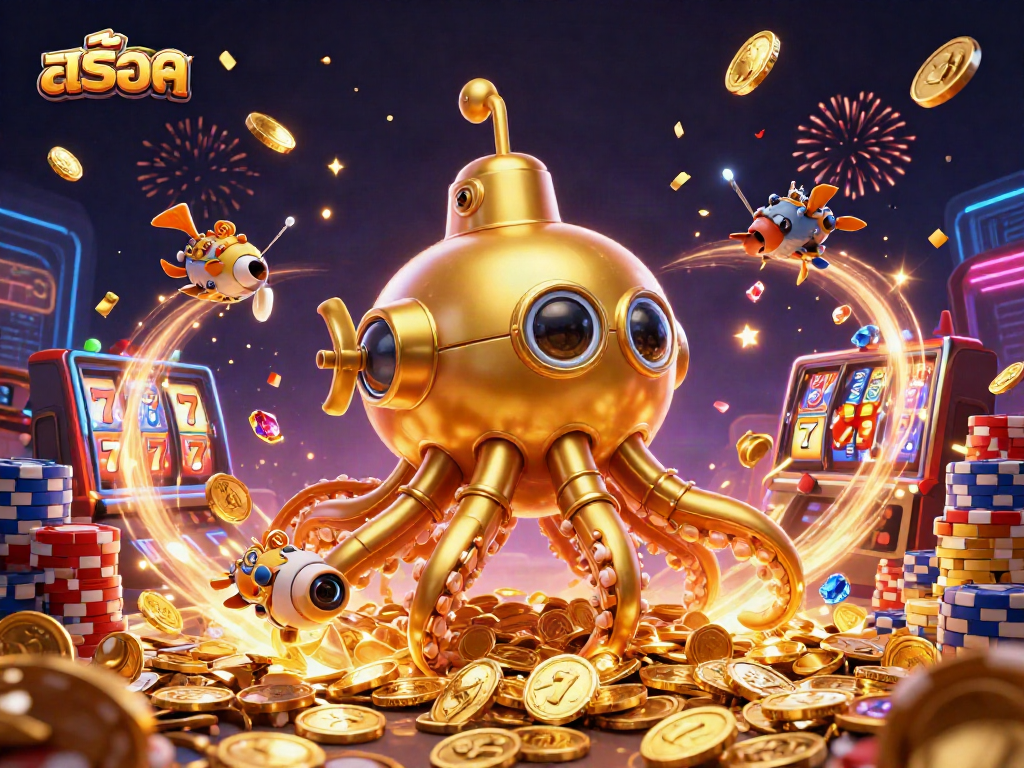 Experience the thrill of สล็อต with golden kraken and slot reels amidst cascading coins.