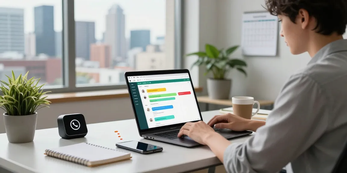 Professionals using WhatsApp網頁版 in modern office workspace.