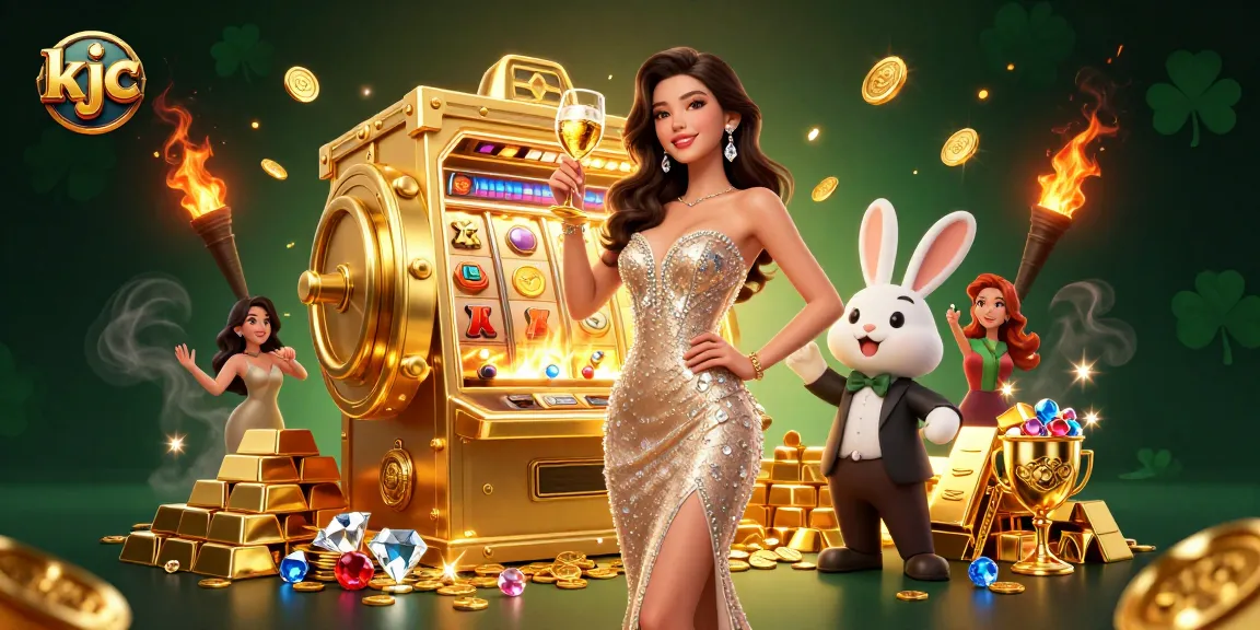 Experience the excitement at kjc with a captivating woman celebrating near a jackpot slot machine.