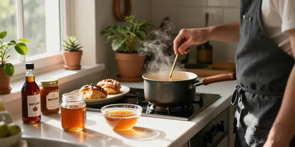 Chef preparing gourmet coffee with Maplelixir, showcasing artisanal kitchen and fresh ingredients.