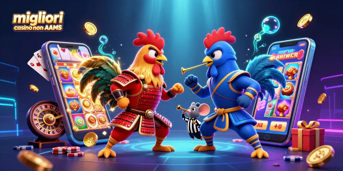 Vivi l'emozione dei migliori casino non AAMS con dinamici galli animati che si sfidano tra elementi di gioco.