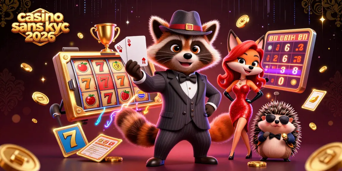 Illustration dynamique d'un raton laveur en costume gagnant au casino sans KYC 2026 avec des éléments de jeu.