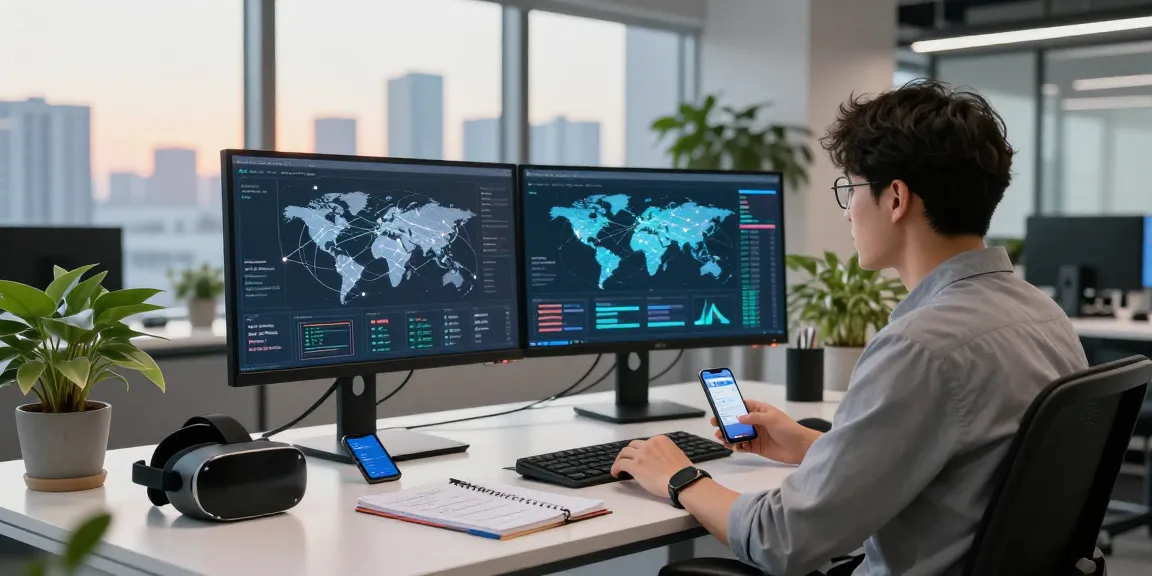 快连 network optimization specialist analyzing real-time global connection data in a modern tech workspace.