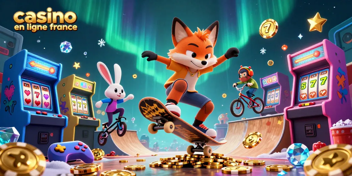 Vivez des moments palpitants au casino en ligne France avec un renard skateboard et un lapin BMX dans une scène de jeu vibrante.