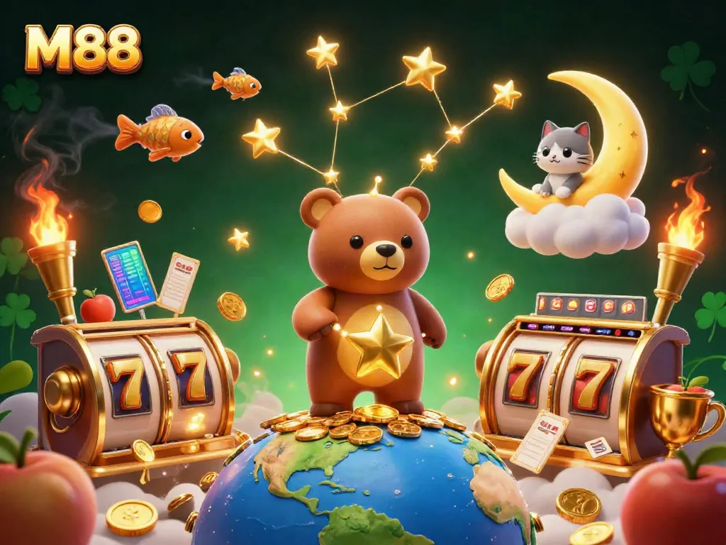 Experience M88 gaming excitement with a constellation bear and vibrant slot elements.