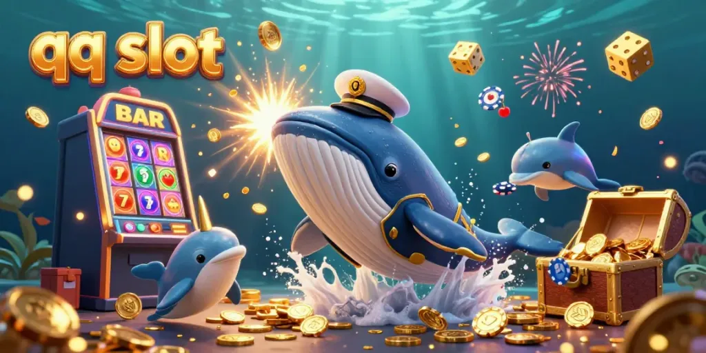 Engaging scene of playful dolphins and a colossal whale showcasing qq slot excitement amidst a treasure of coins and slot machine bursts.