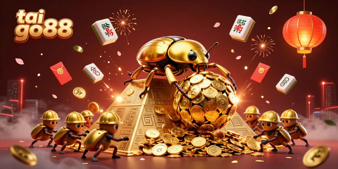 Engage with tai go88 as vibrant 3D illustration of a golden dung beetle symbolizing prosperity in gaming.