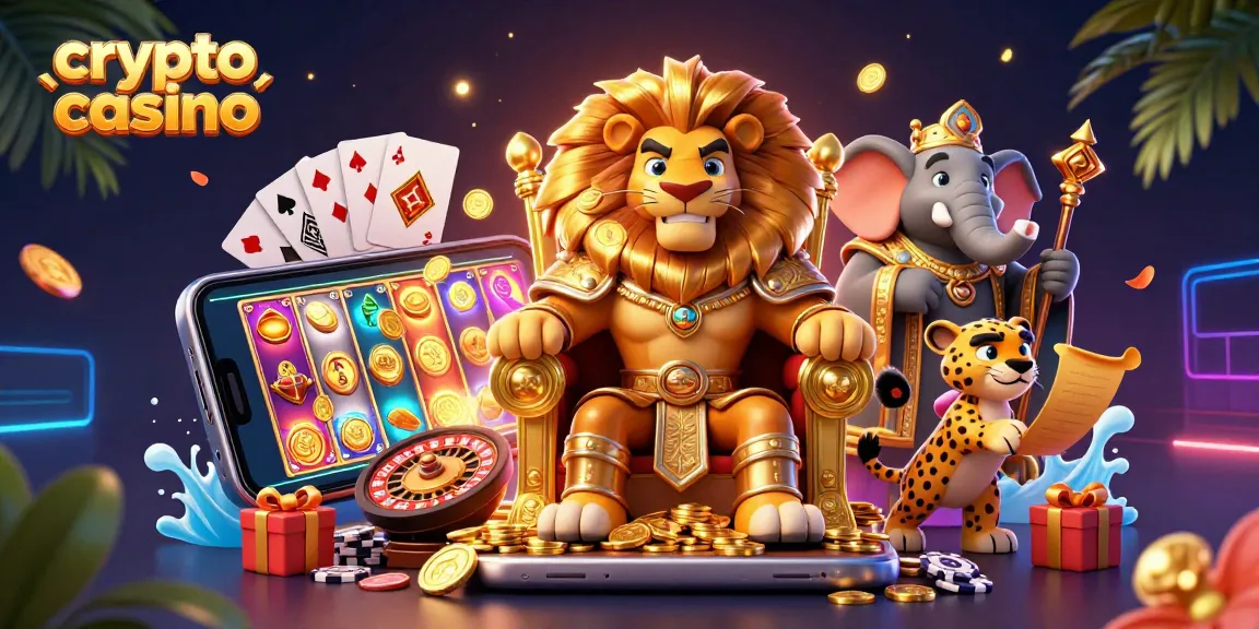 Explorez le monde du crypto casino avec des personnages animés jouant et gagnant dans un décor vibrant.