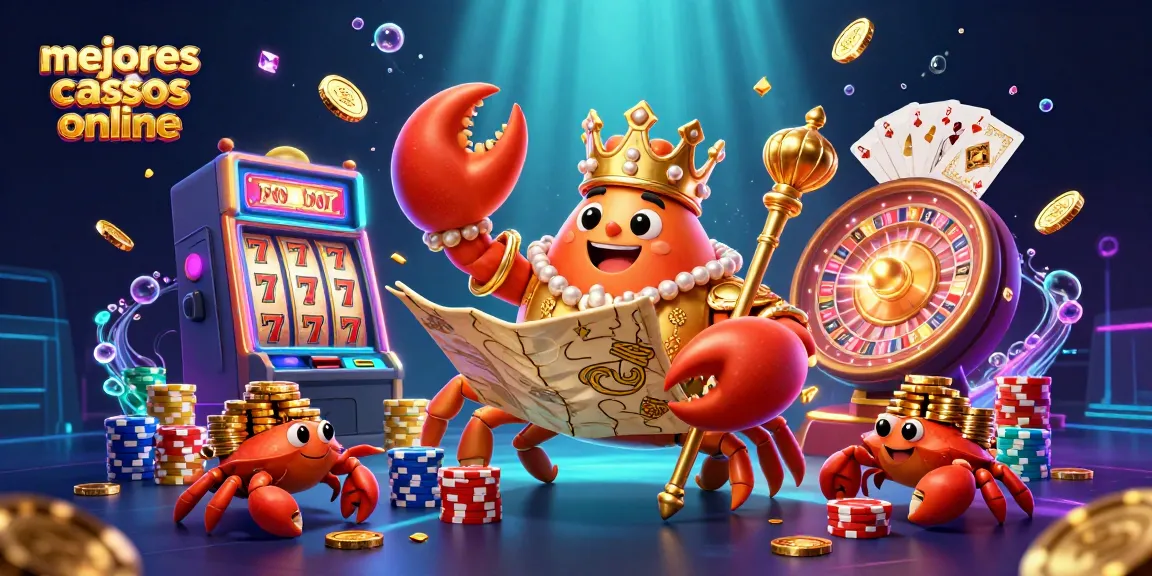 Ilustra una espectacular escena de "mejores casinos online" con un cangrejo dorado y símbolos de juegos de azar.