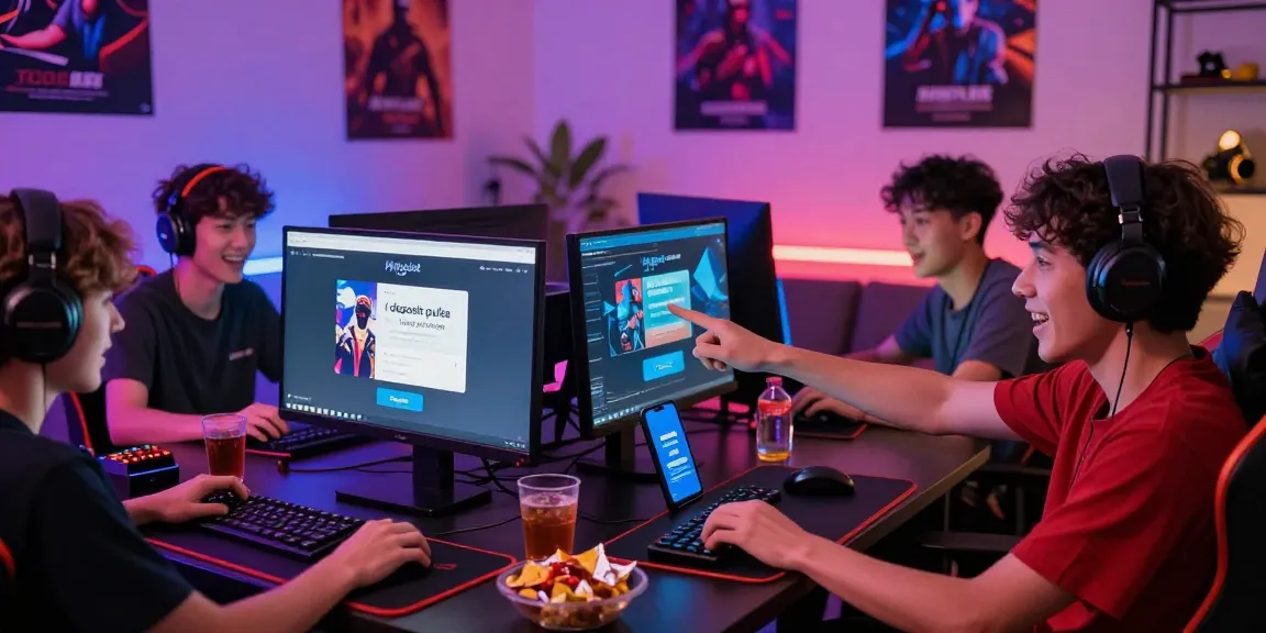 Excited gamers exploring the deposit pulsa tanpa potongan feature on Hwgslot during a lively gaming night.