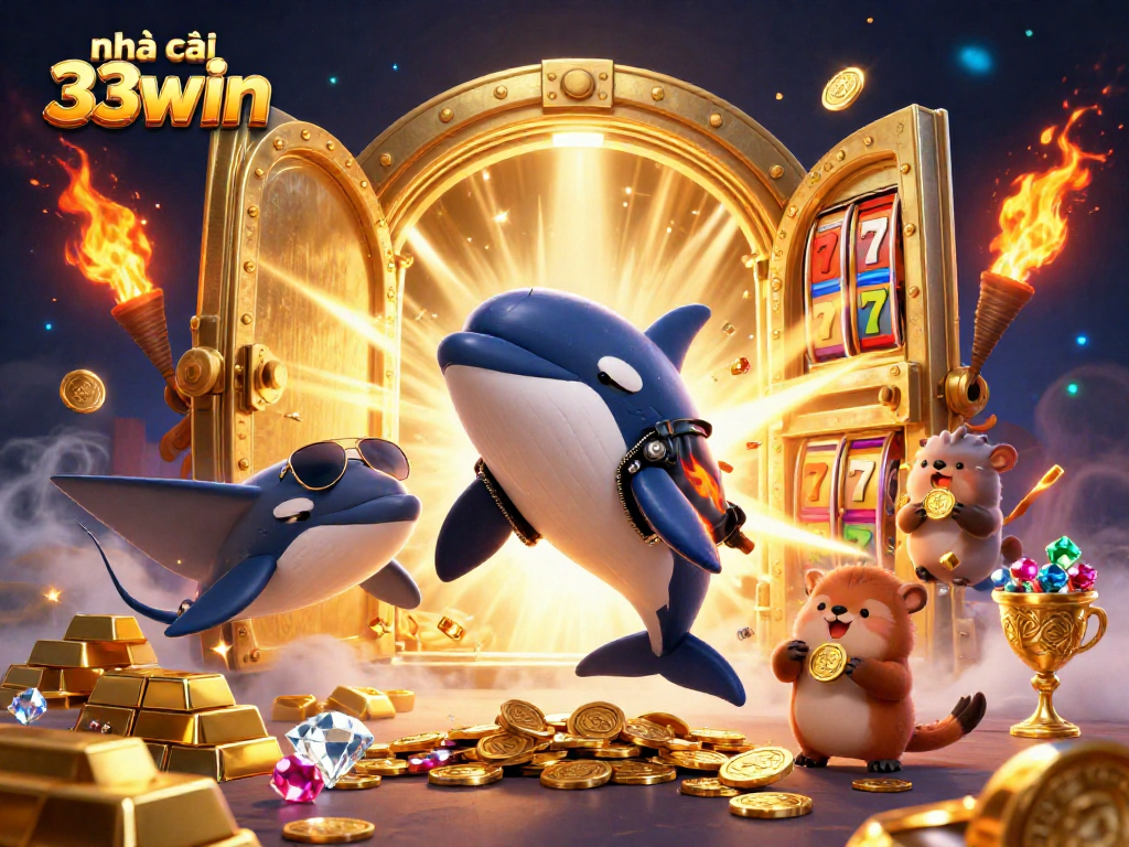 Engage with exciting slots at nhà cái 33win, featuring a vibrant scene of playful sea creatures amidst treasures.