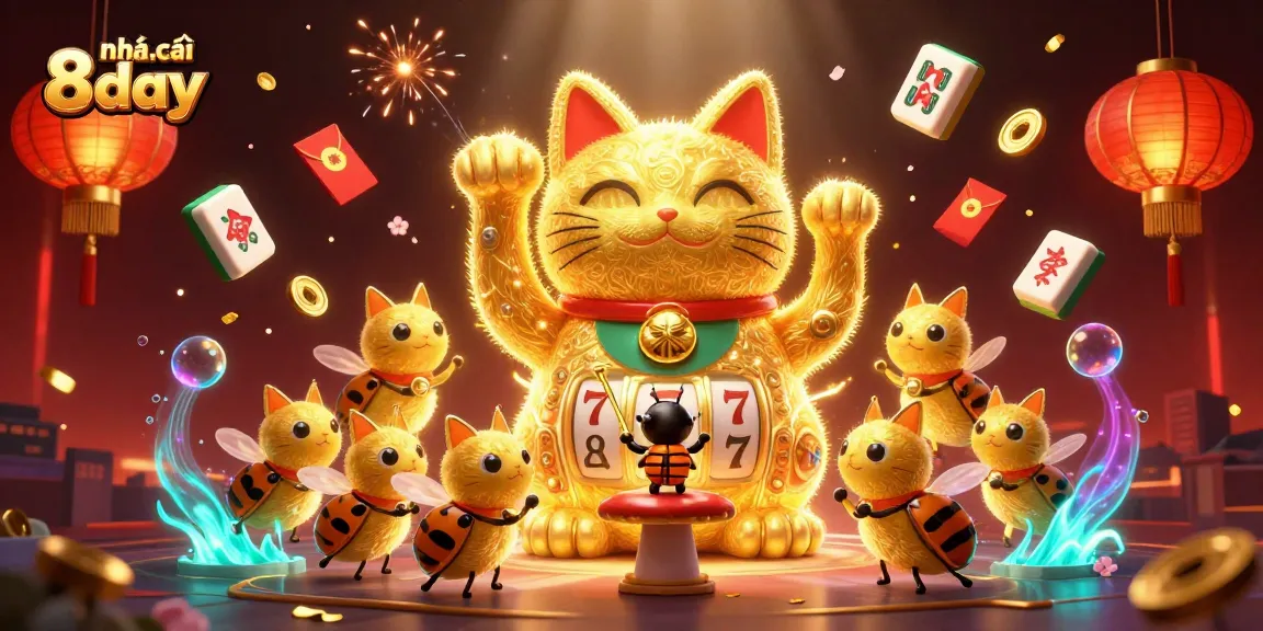 Engage with the colorful 3D world of nhà cái 8day, where a giant lucky cat forms amidst casino symbols and vibrant elements.