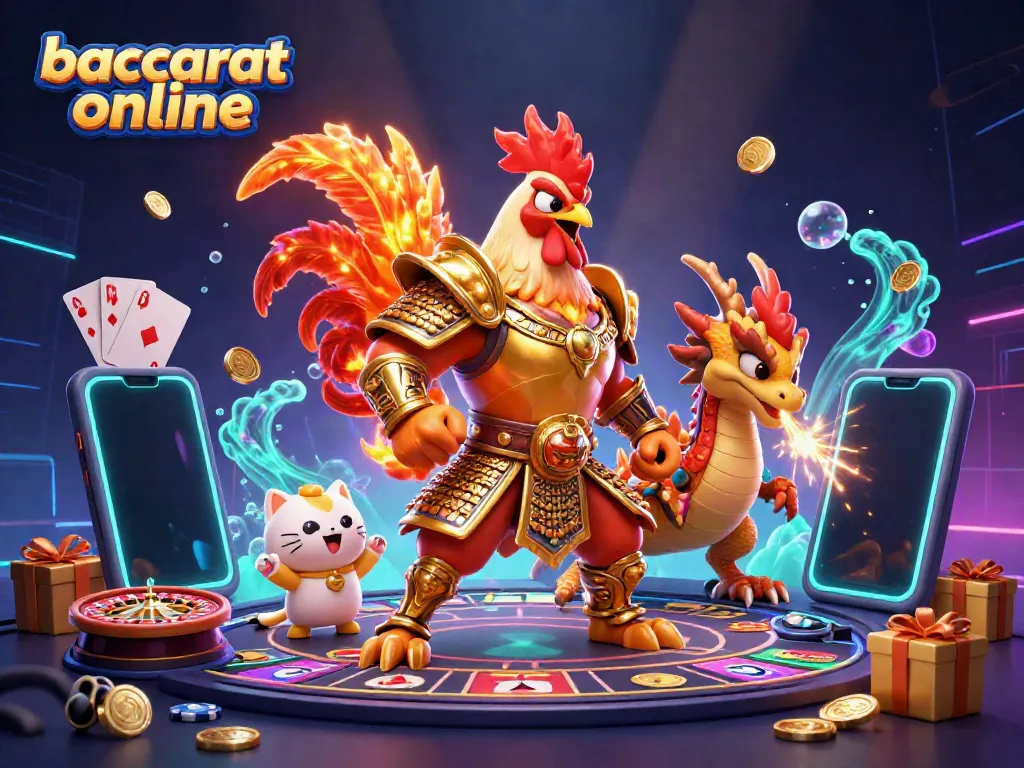 Play baccarat online with dynamic casino elements in an engaging cartoon scene.