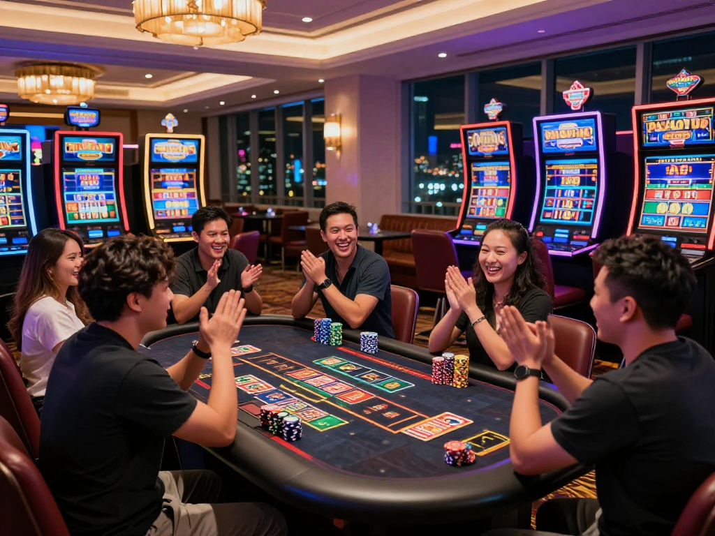 High-energy pasaran togel gaming scene with excited players and vibrant casino atmosphere.