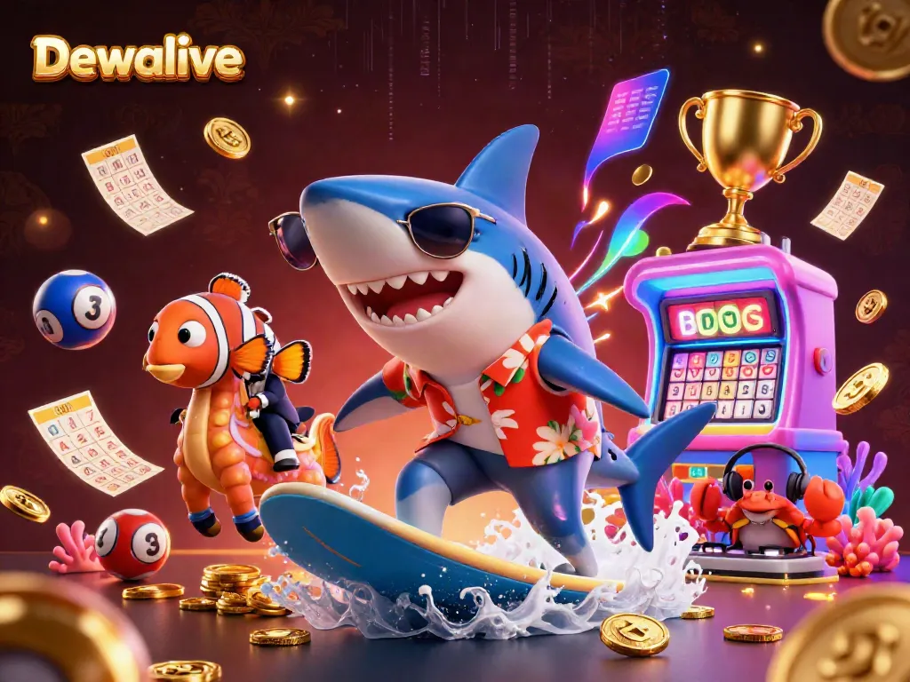 Engage in exciting lottery action with Dewalive featuring a shark, seahorse, and DJ amidst gold coins and dynamic elements.