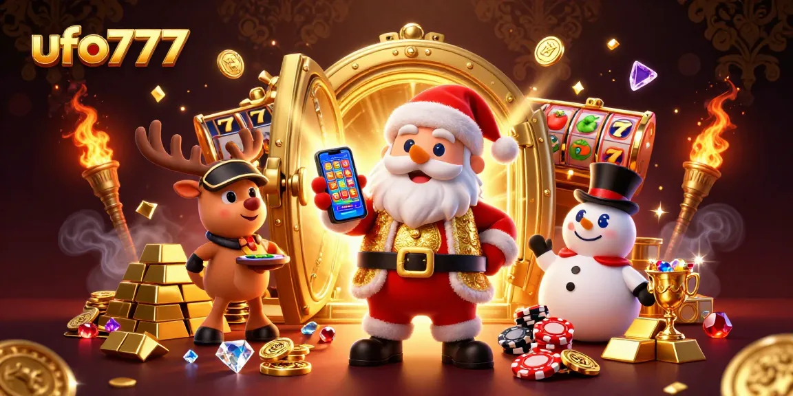 Spin the reels with ufo777 in a vibrant 3D casino illustration featuring festive characters and rich game elements.