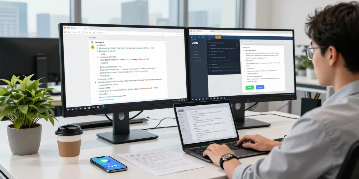 Addressing telegram china connection issues in a modern tech workspace with dual monitors and VPN.