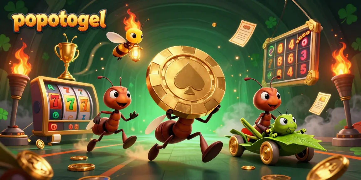 Engage in thrilling gameplay at popotogel with a cinematic 3D scene of ants and casino elements.