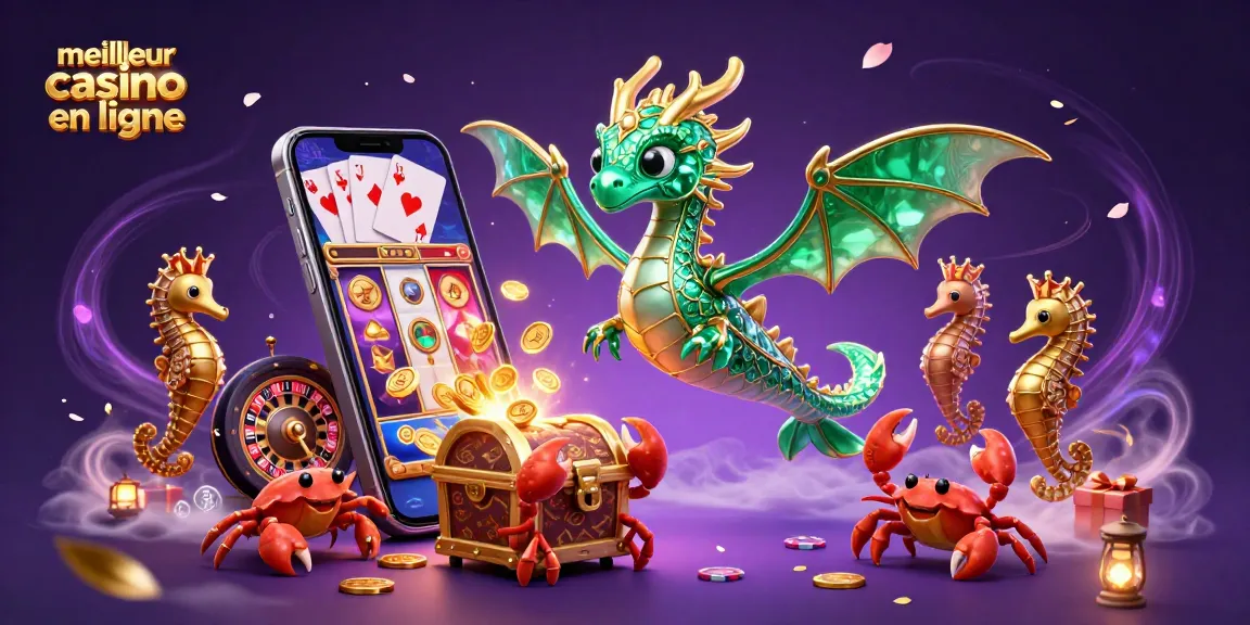 Illustration d'un dragon de mer flottant, représentant le meilleur casino en ligne avec des éléments de jeux autour.