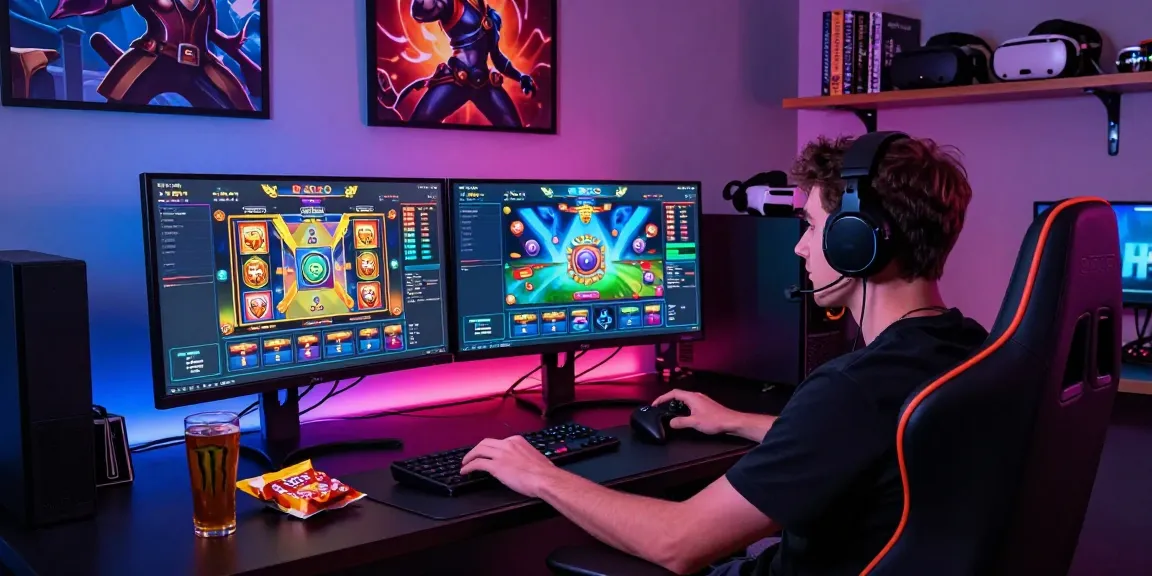 Benihtoto gaming setup with dual monitors and vibrant LED lights, showcasing an engaging online gaming environment.
