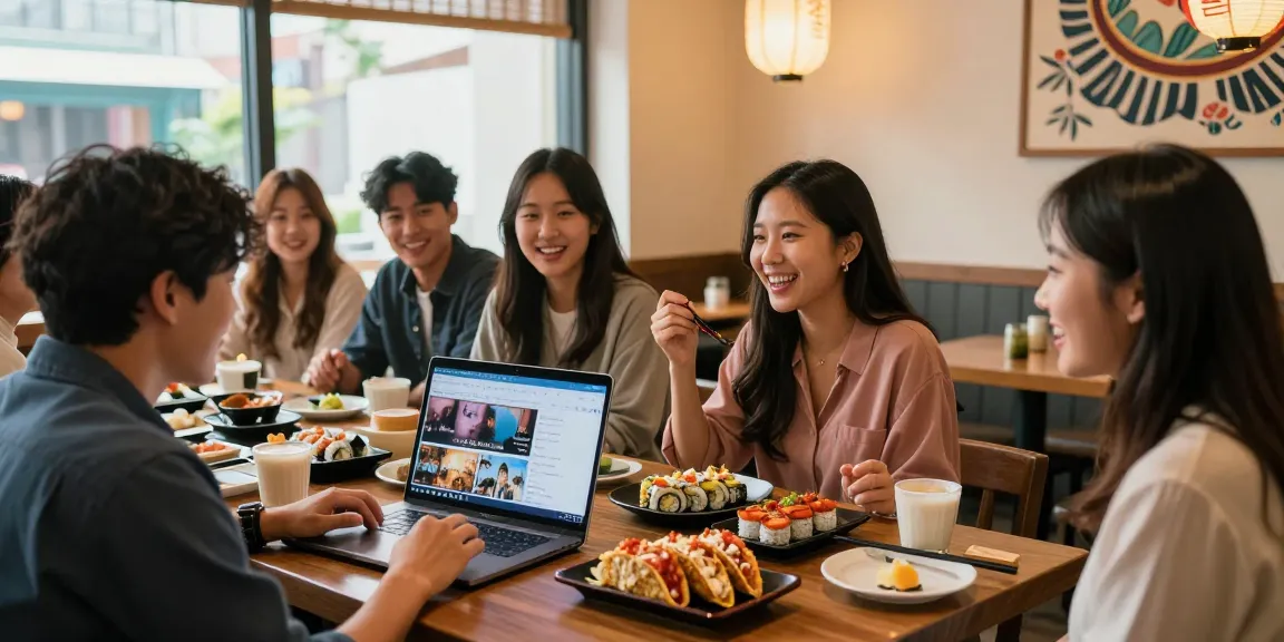 Engaging cultural discussion among diverse individuals exploring Asian pop culture at a cafe, featuring content from https://hanadultalk.com.