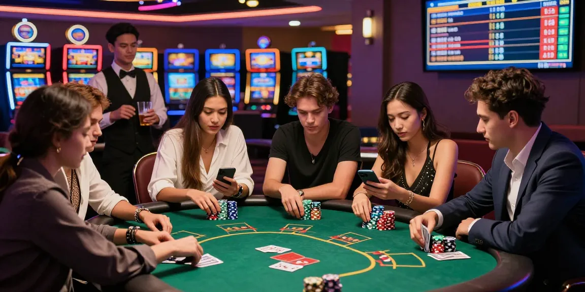 A dynamic casino scene featuring friends at a poker table, showcasing newbet4d betting excitement with colorful chips and cards.