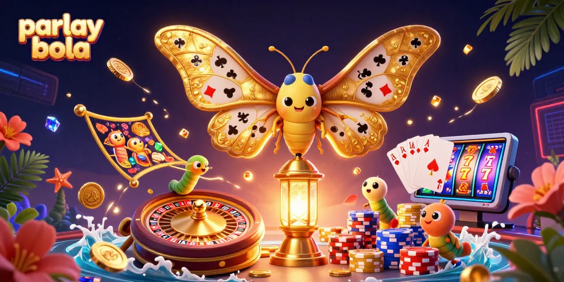 Engage in parlay bola betting with vibrant visuals of an atlas moth, golden casino elements, and dynamic gameplay.