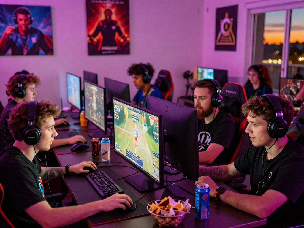 Gamers engaging with rokok88 in an electrifying competitive session, showcasing equipment and energy.