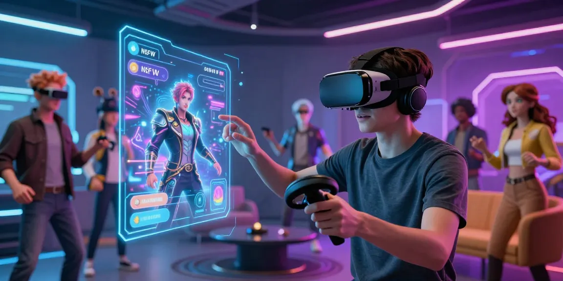 Engaging character AI NSFW interactions in a futuristic virtual reality environment with diverse avatars.