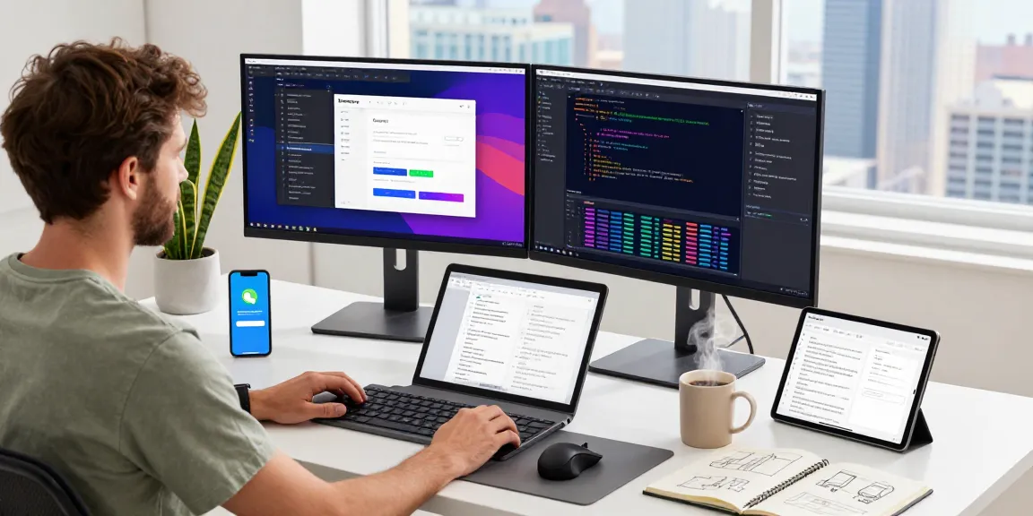 An innovative tech workspace highlighting the openclaw skill in use, featuring a developer coding with dual monitors, application designs, and API documentation in a bright office.