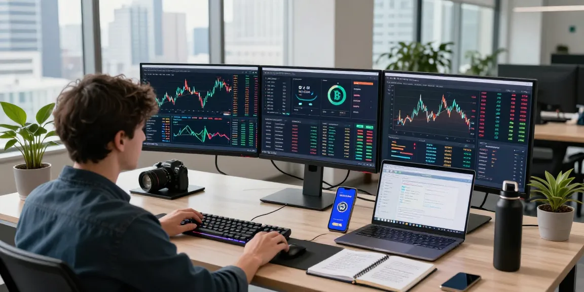 Cricbet99 cryptocurrency trading environment with advanced tech setup, multiple screens showing market data and digital wallet activity.