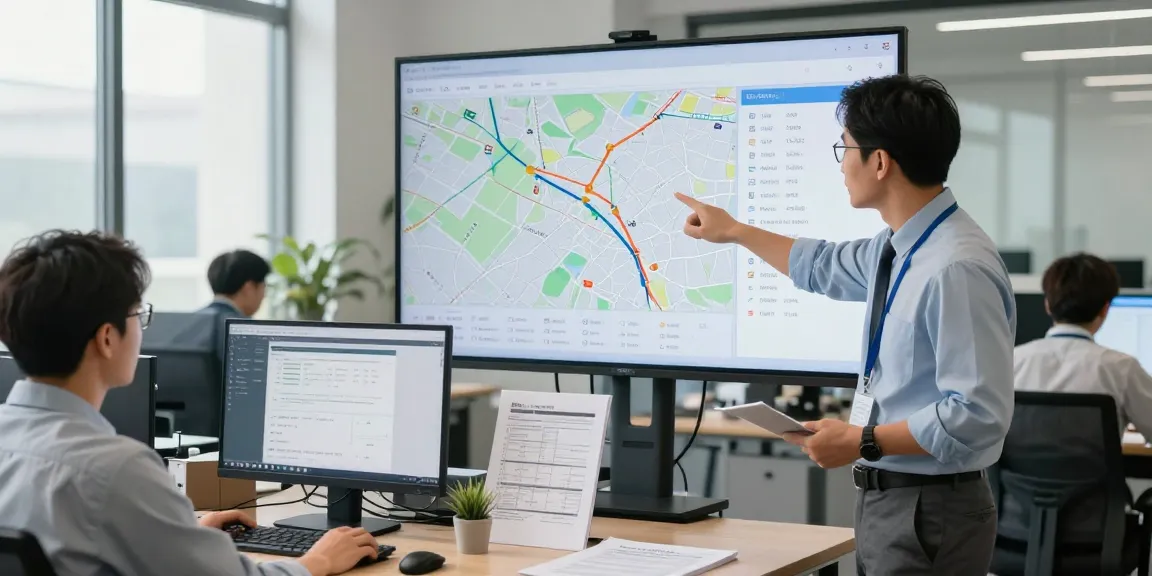 LTL Transport Dortmund: Teamarbeit im modernen Logistikbüro mit digitalen Frachtplänen.