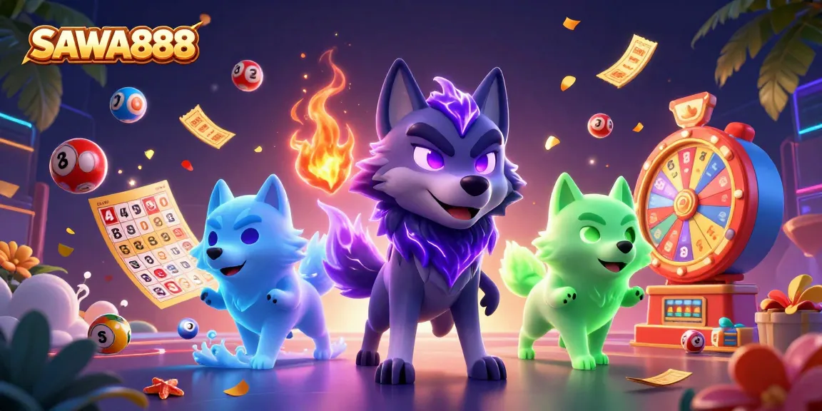 Engage with SAWA888 in a vibrant casino scene filled with dynamic lottery elements and ghostly wolves.
