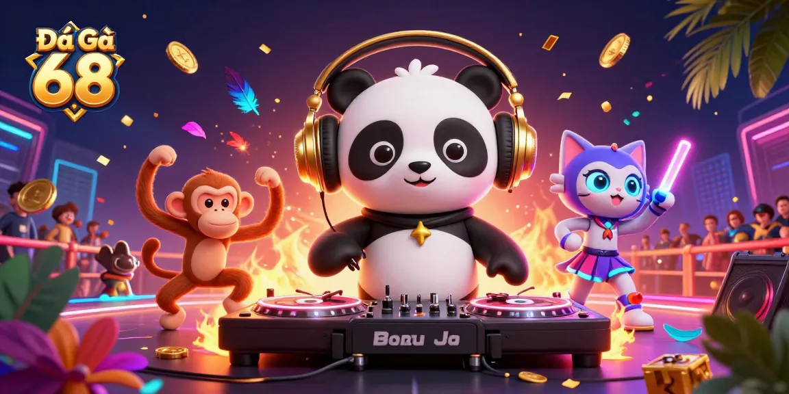 Watch the thrilling cockfighting action on Đá Gà 68 with a vibrant 3D illustration showcasing dynamic characters.