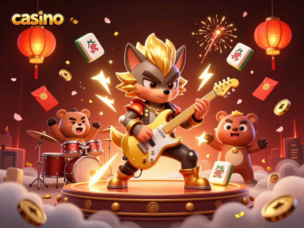 Experience a vibrant casino scene with a cartoon wolf and bear, showcasing thrilling action and energy.