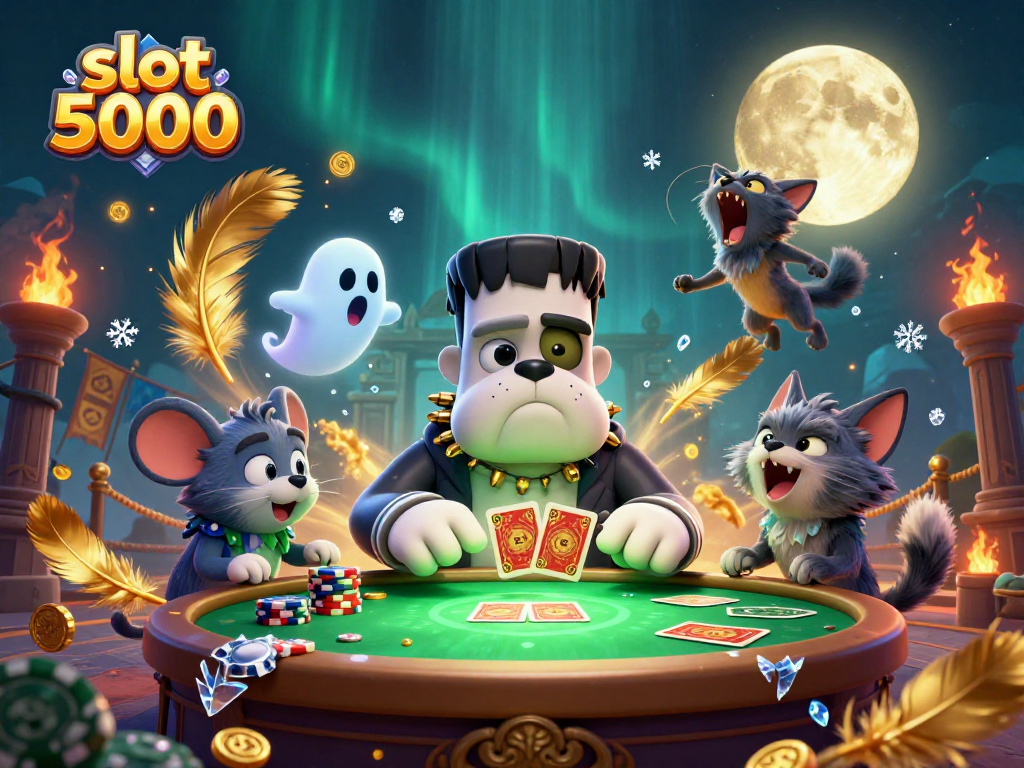 Engage with the thrilling slot 5000 adventure featuring cartoon characters in an exciting casino scene.