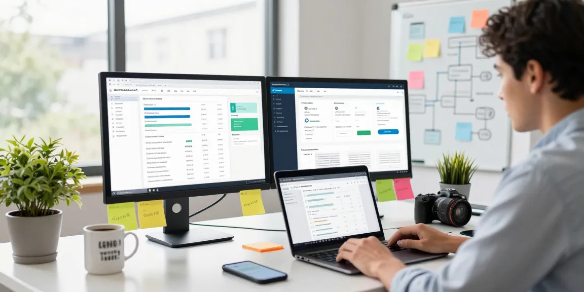SEO backlink services being analyzed in a modern office setup with SEO tools and analytics dashboards.