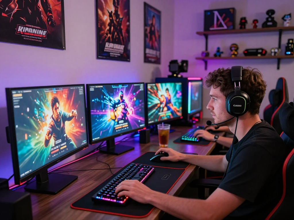 Intense gamer exploring diverse porngames in a colorful, ambient gaming room.