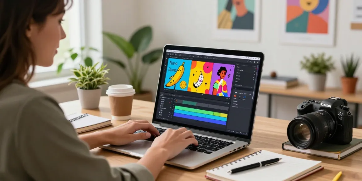 Exciting workspace showcasing Nano Banana 2 AI image editing, bright screens and creative environment.