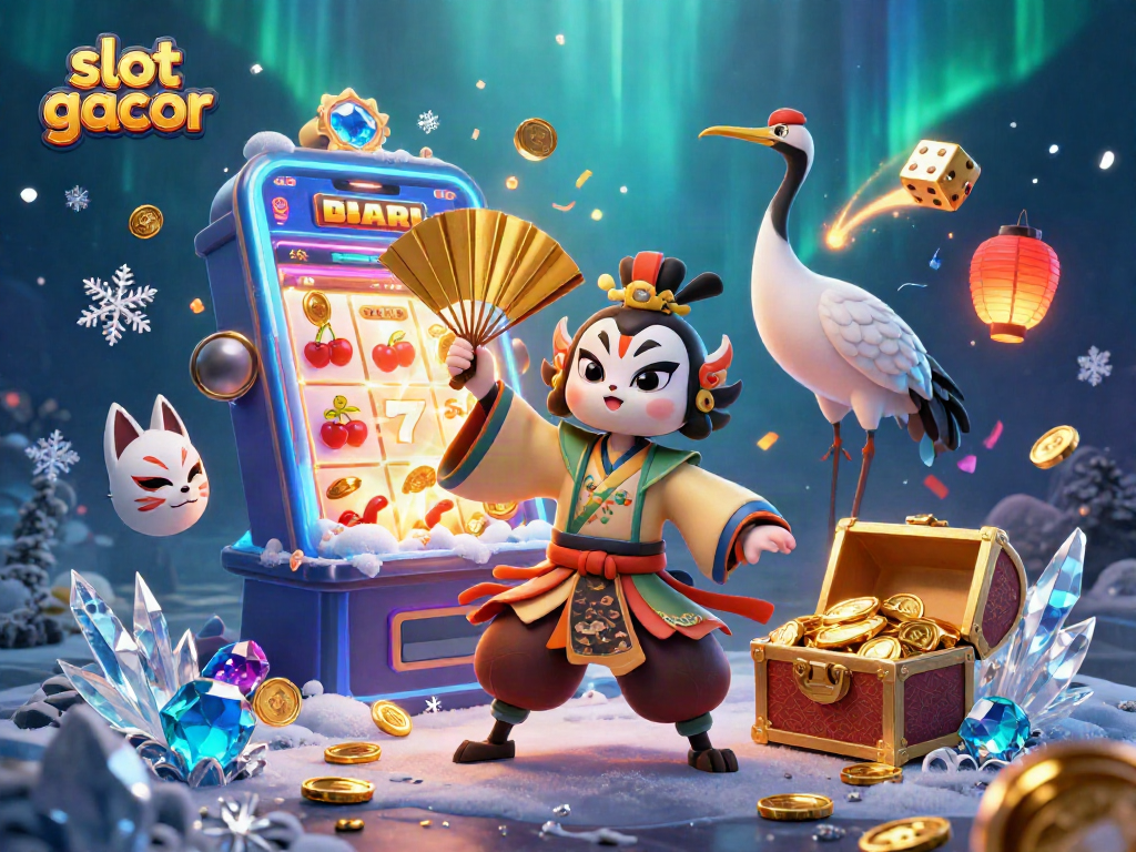 Experience the excitement of slot gacor with a vibrant casino scene showcasing kabuki characters and jackpot elements.