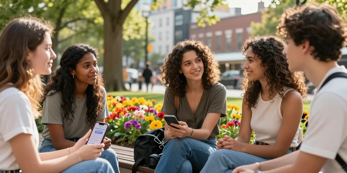 Group discussing results from their attractive test in a vibrant park, showcasing urban self-image.