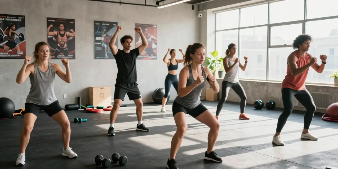 A group workout session at the Astera Steroids Shop fitness studio, showcasing diverse individuals engaged in strength training.