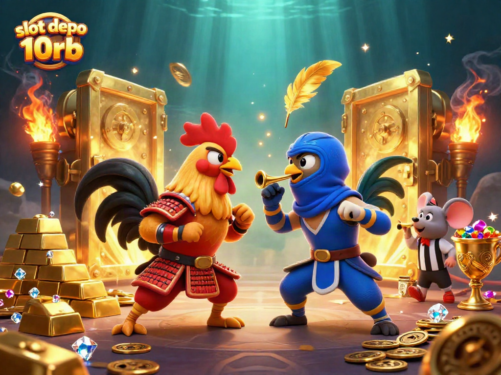 Engage in excitement with slot depo 10rb as roosters battle in a vibrant casino scene.