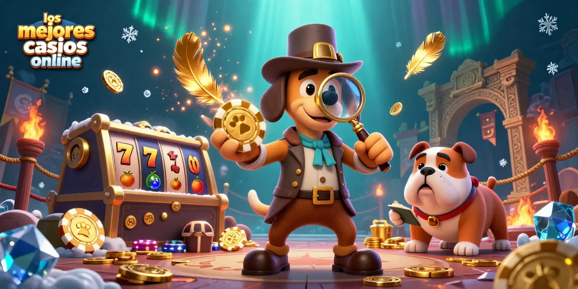 Juega en los mejores casinos online e investiga pistas con un perro detective en esta ilustración divertida.