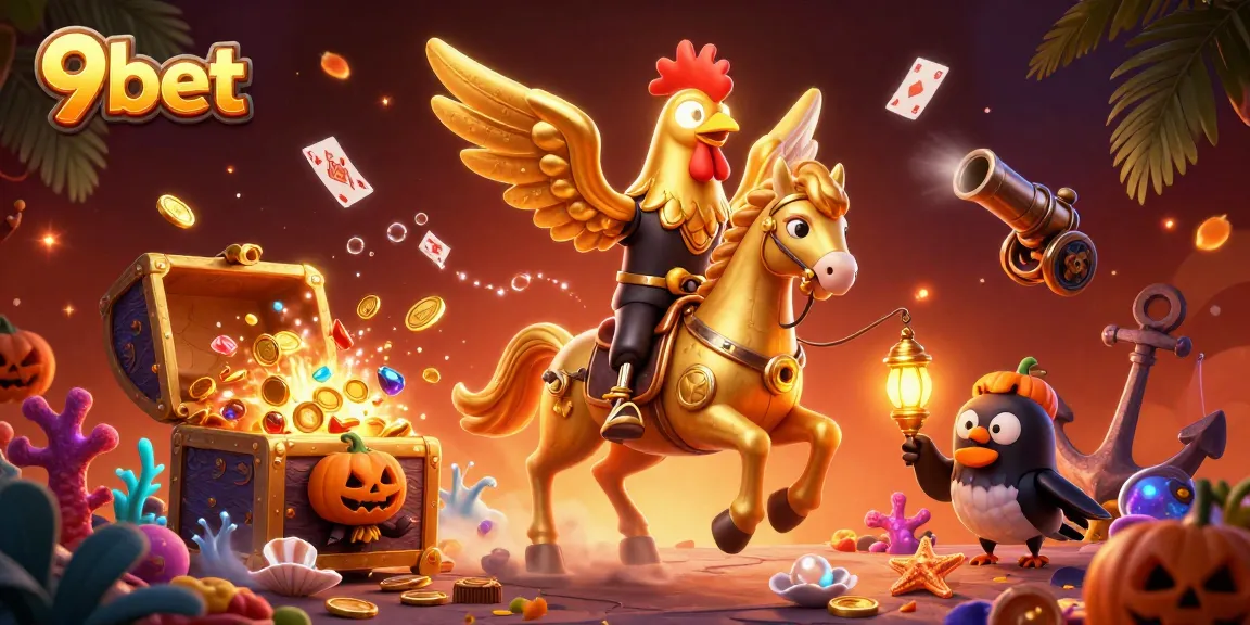 Experience thrilling wins at 9bet with a dynamic scene featuring a golden rooster and treasures.
