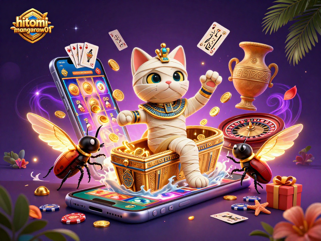 Experience the thrill of hitomi-mangaraw01 with a cartoon mummy cat in a vibrant casino setting.