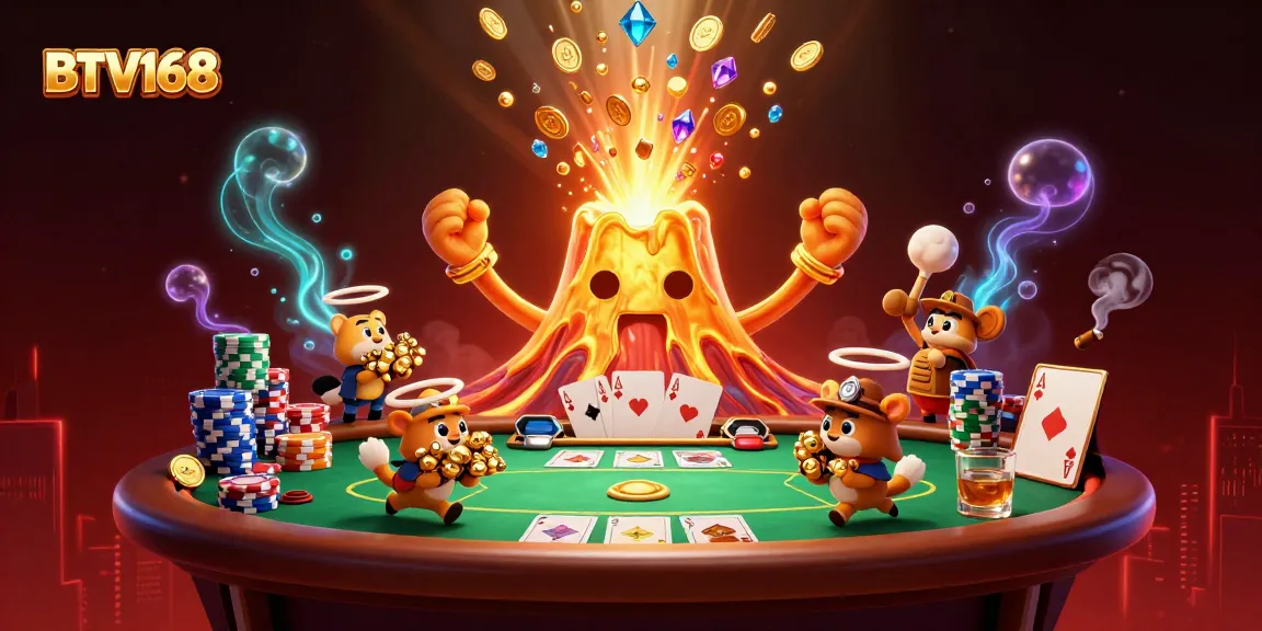BTV168 showcases thrilling casino adventures with golden volcanoes and poker elements.